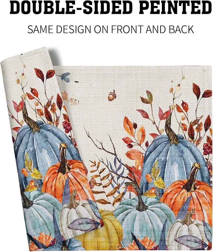 Giwawa Fall Thanksgiving Placemats Set of 4 Watercolor Autumn Pumpkins Floral - Image 5
