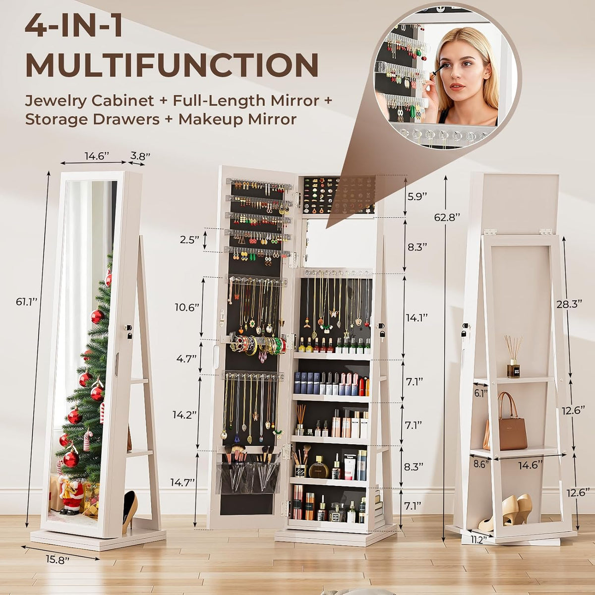 4-in-1 jewelry armoire with jewelry organizer storage, white shown in use