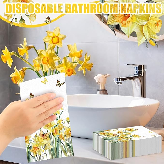 Peryiter 100 Pcs Spring Floral Daffodils Paper Napkins 13 x 15.7 Inch Yellow - Image 4