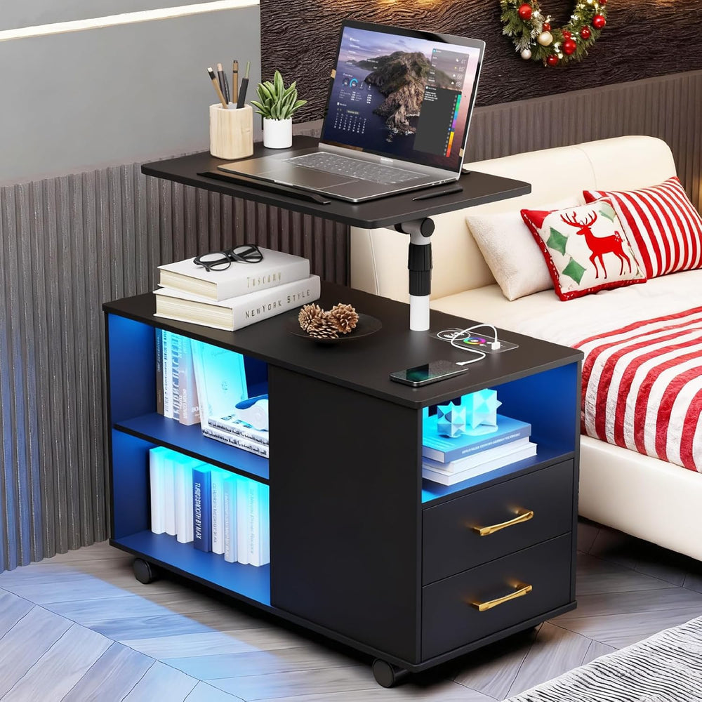 Nightstand with Adjustable Rotary Table,Charging Station(Black)