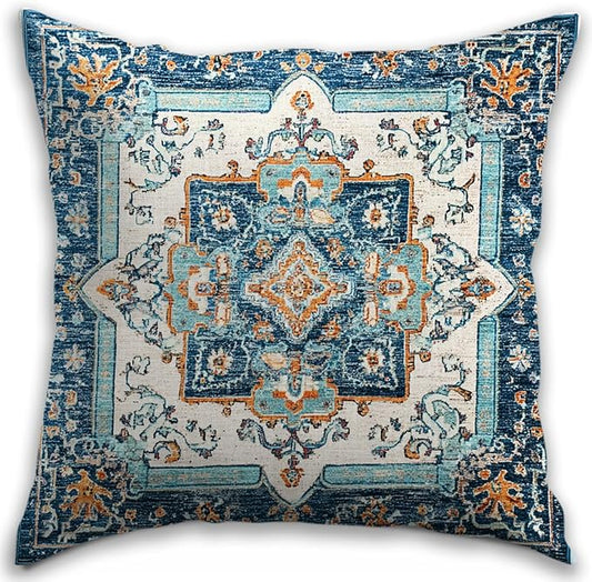 Bohemian Pillow Covers | Vintage Floral & Carpet Design | Double Sided Blue by RBAFAO