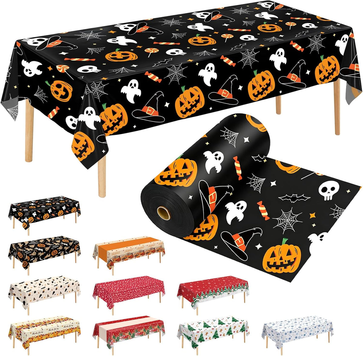 54 Inch X 300 Feet Plastic Table Cover Roll Disposable Halloween Tablecloth Pumpkin Ghost Plastic Table Covers for Halloween Party Decorations (Pumpkin Ghost, 300 Feet)