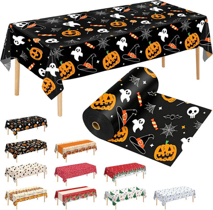 54 Inch X 300 Feet Plastic Table Cover Roll Disposable Halloween Tablecloth Pumpkin Ghost Plastic Table Covers for Halloween Party Decorations (Pumpkin Ghost, 300 Feet)