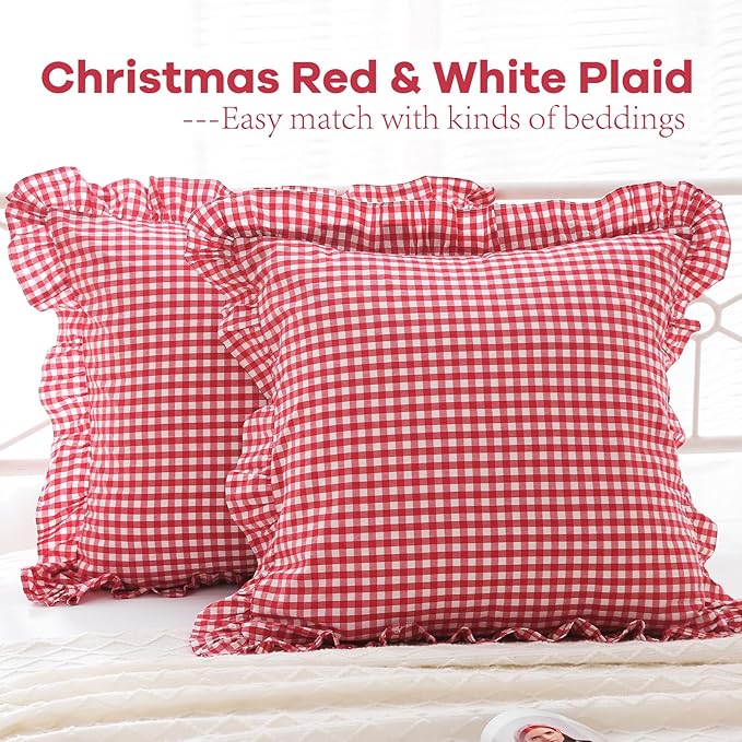 2 Pack Red White Plaid Ruffle Gingham Euro Throw Pillow Covers, 100% Washed - Image 2