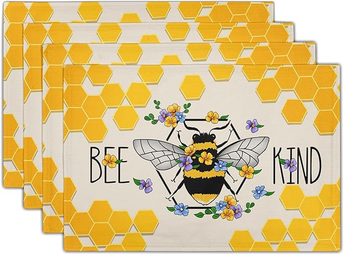 Giwawa Bee Kind Placemats Set of 4-12"x18" Summer Bees Floral Linen Place Mat- by Giwawa