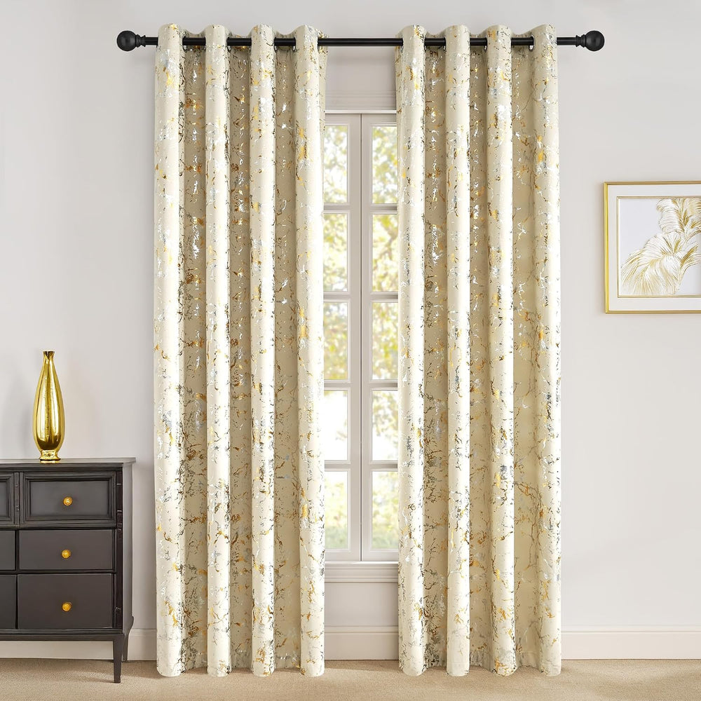 NICETOWN Sliver Gold Foil Patterned Beige Blackout Curtains 84 Inches Long