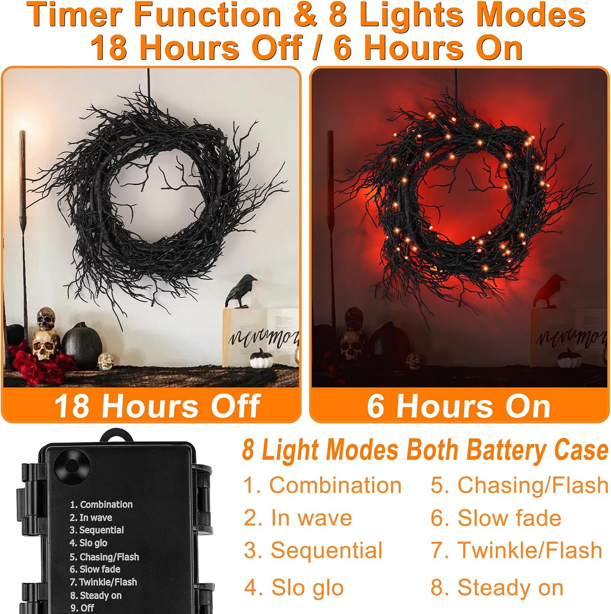 9 Ft 66 LED Willow Vine Twig Decor Black Halloween Garland with Orange Lights, Timer 8 Modes Waterproof Battery Operated Indoor Halloween Decorations for Wall Fireplace Mantle Home Office Party Decor