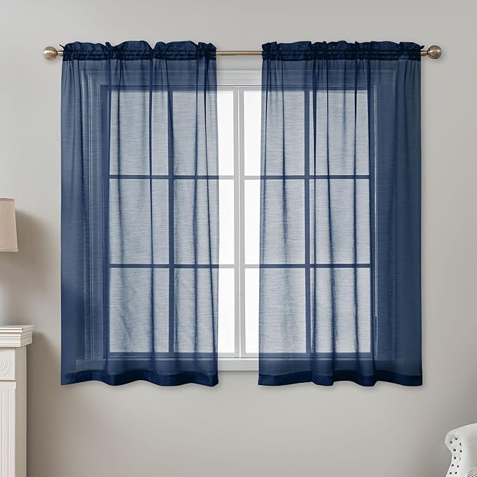 Navy Blue Sheer Curtains 54 Inch Length, Privacy Semi Sheer Curtains - Image 2