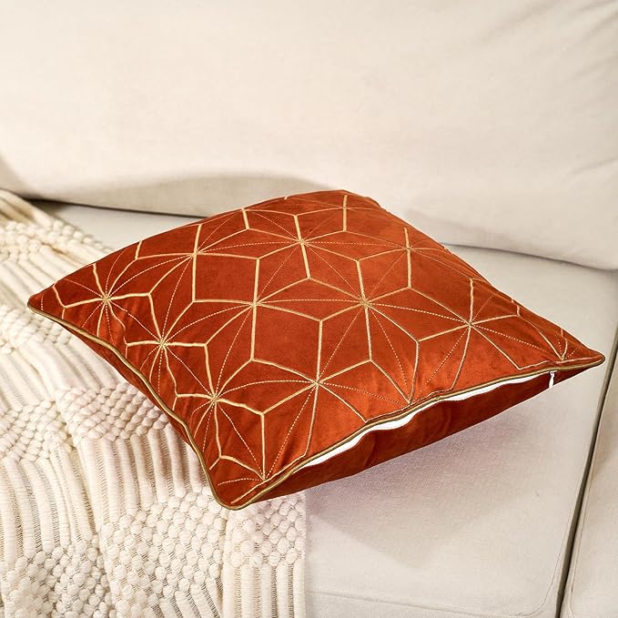 Aeckself 16 x 16 Inch Orange Gold Plaid Geometric Stripes Embroidery Velvet - Image 3