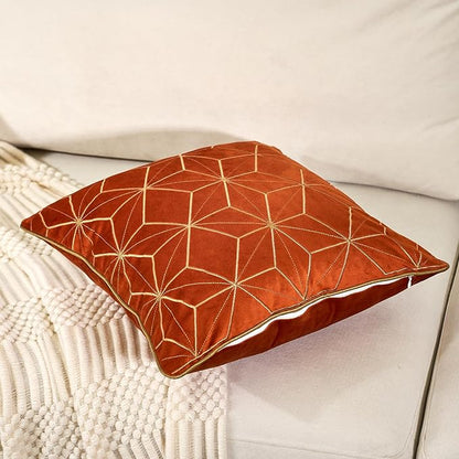 Aeckself 16 x 16 Inch Orange Gold Plaid Geometric Stripes Embroidery Velvet - Image 3