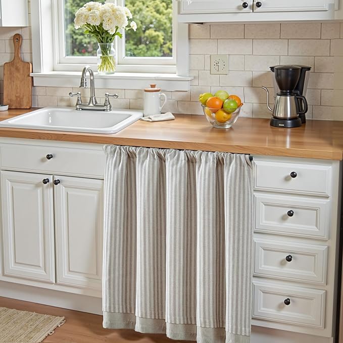 jinchan Double Layer Striped Linen Kitchen Tier Curtain Rustic Cafe - Image 3