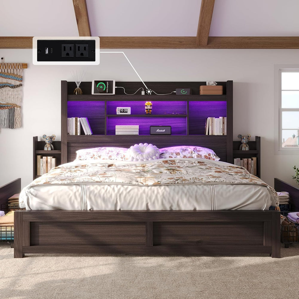 King Size Bed Frame with Bookcase Headboard & Storage, Black