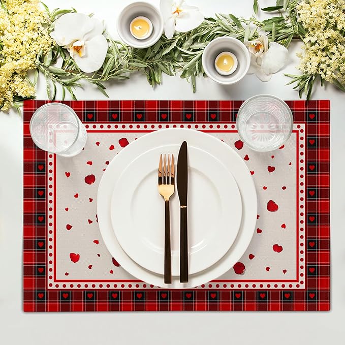 Giwawa 4PCs Valentines Day Placemats 12x18 Inch Love Hearts Rose Flower Place - Image 3