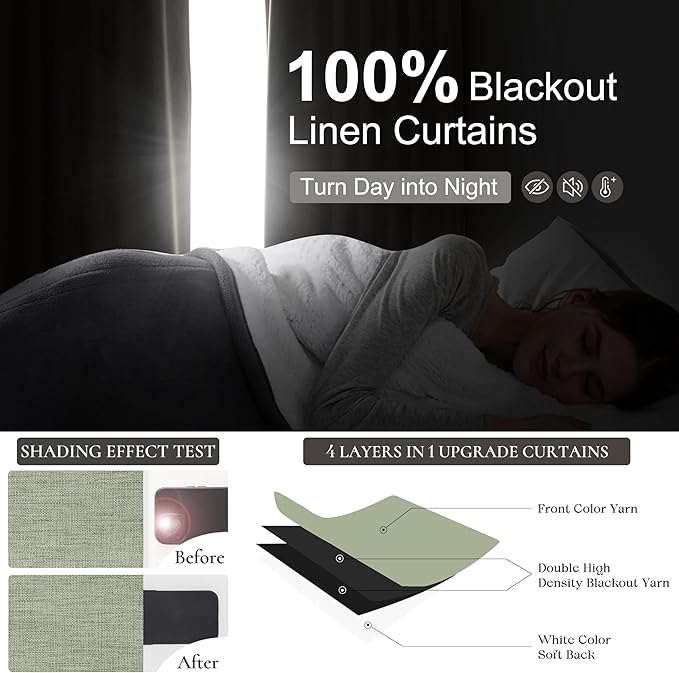 Sage Green Blackout Linen Curtains 108 Inches Long - Image 2