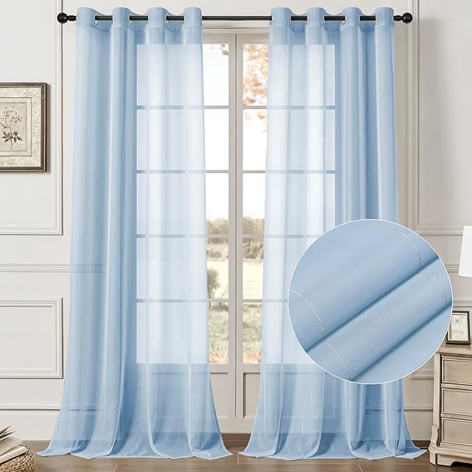 Foil Stripe Blue Sheer Curtains 108 inches Length 2 Panels by MISSTIAM
