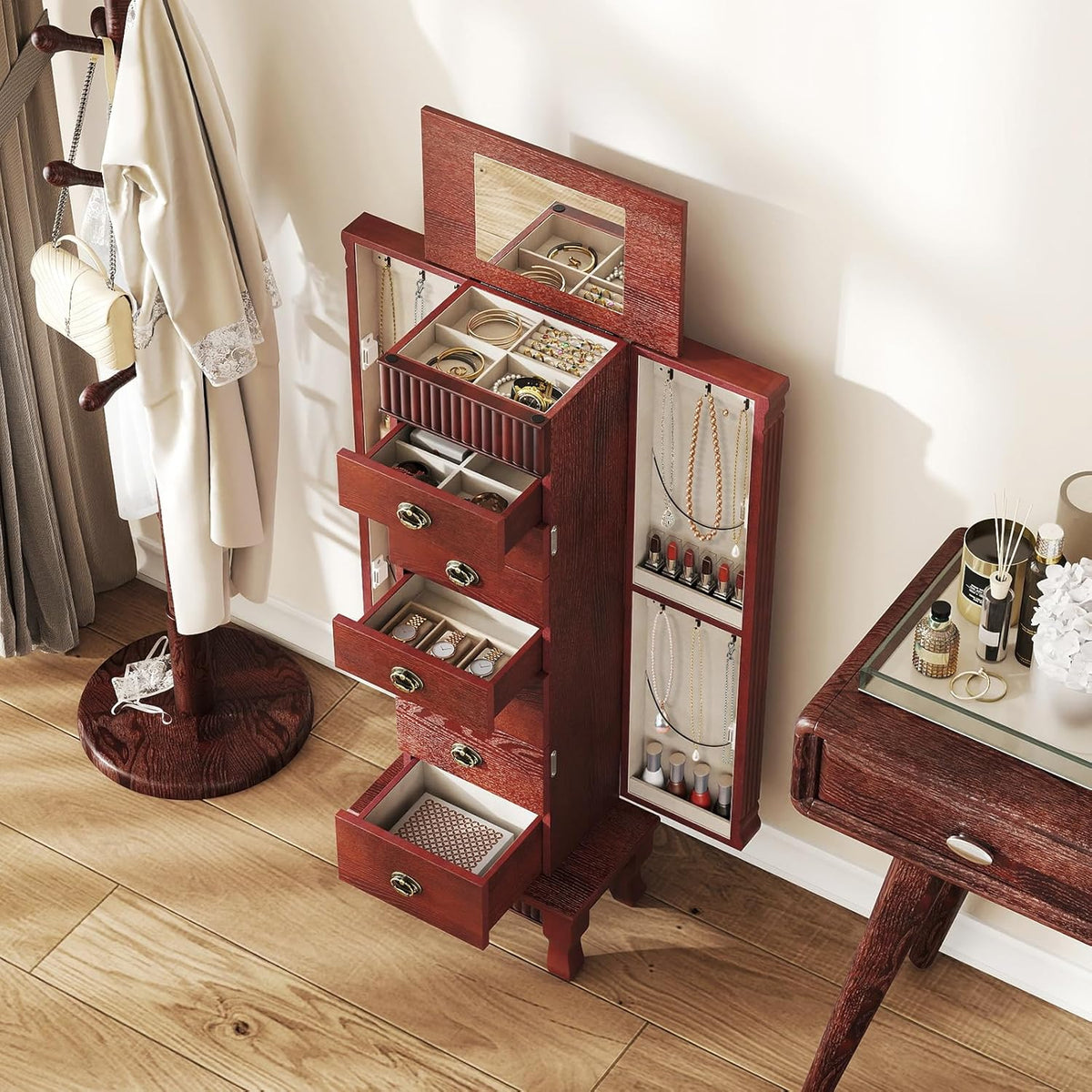giantex standing jewelry cabinet with 7 drawers, flip-top, close-up detail