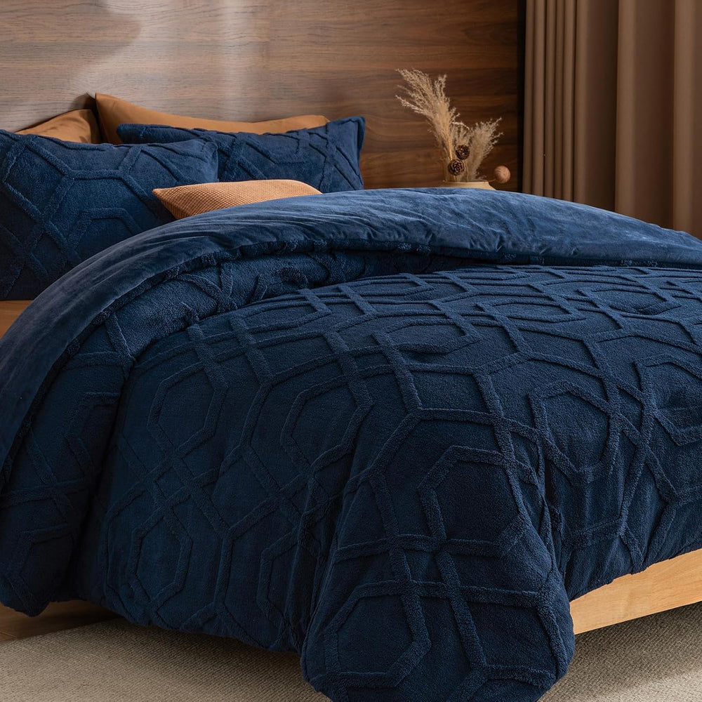 PHF Warm Sherpa Fleece King Comforter Set, 3D Tufted Fluffy Navy Blue Bedding...