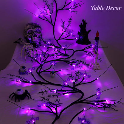 9FT 72 LED Willow Vine Twig Decor Black Halloween Garland with Bat & Purple LED Lights, 8 Modes Battery Operated Halloween Decorations Indoor for Mantle Fireplack Table Home Office Party Spooky Decor