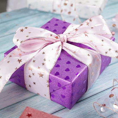 MEEDEE Pink Star Wired Ribbon 2.5 Inch Rose Gold Star Ribbon Wired 25 Yards - Image 5