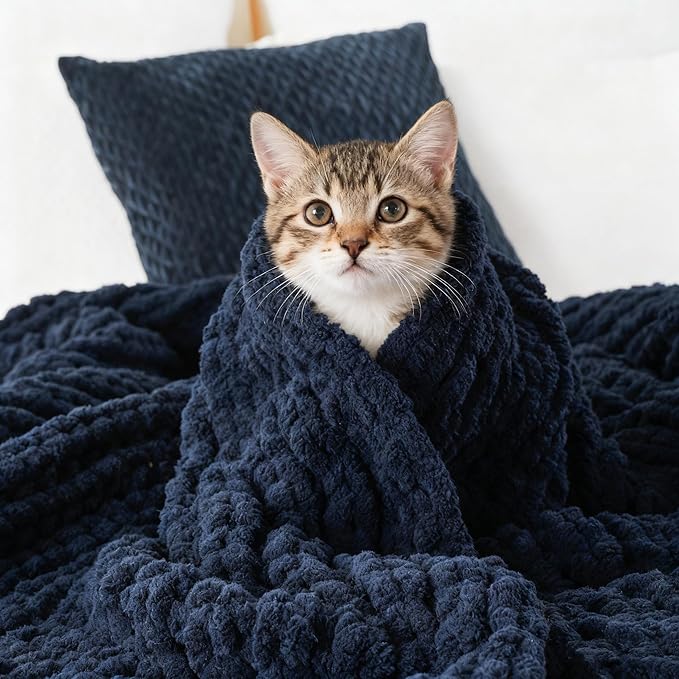 Battilo Navy Chunky Knit Throw Blanket, Soft and Thick Navy Blue Chenille Throw - Image 5