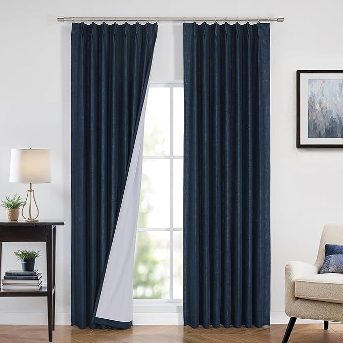 Vision Home Navy Blue Pinch Pleated Full Blackout Curtains Linen Blended Room by VisionHome