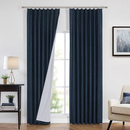Vision Home Navy Blue Pinch Pleated Full Blackout Curtains Linen Blended Room by VisionHome