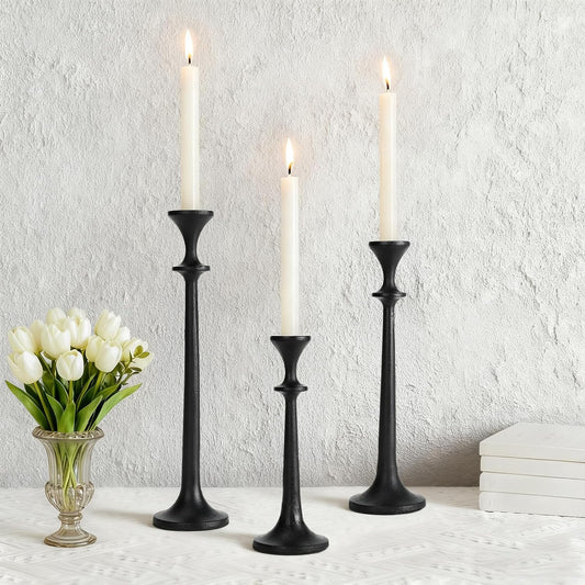 Black Taper Candle Holders Set of 3 Heavy Cast Iron Black Candlestick Holder for Table Centerpiece Modern Decorative Tapered Candle Stand Tall Set for Home Decor Fireplace Wedding Halloween Christmas
