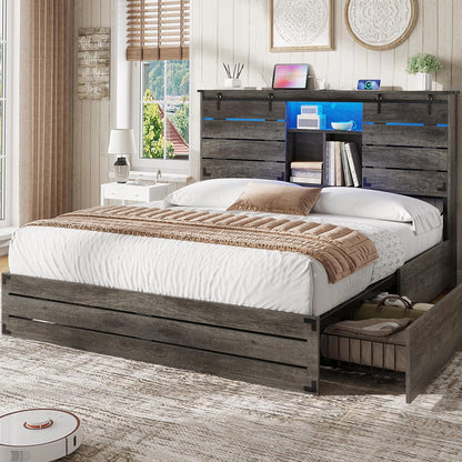 viagdo wooden bed frame queen size with bookcase, main product view