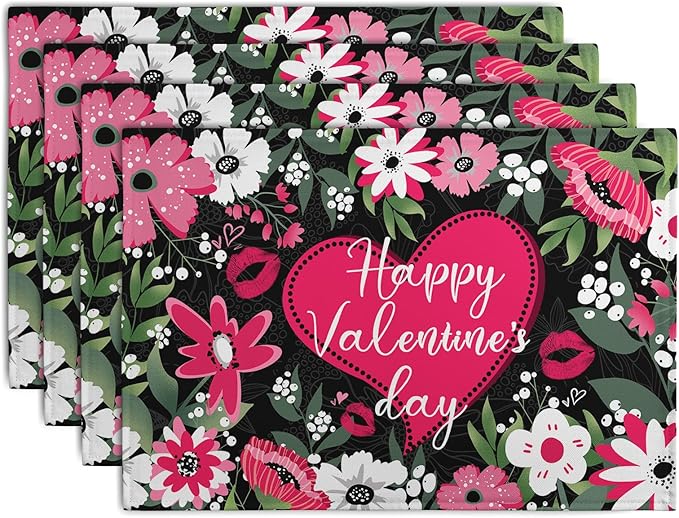 Happy Valentine's Day Placemats Set of 4 Valentine Flowers Love Heart Place by Wnoesat
