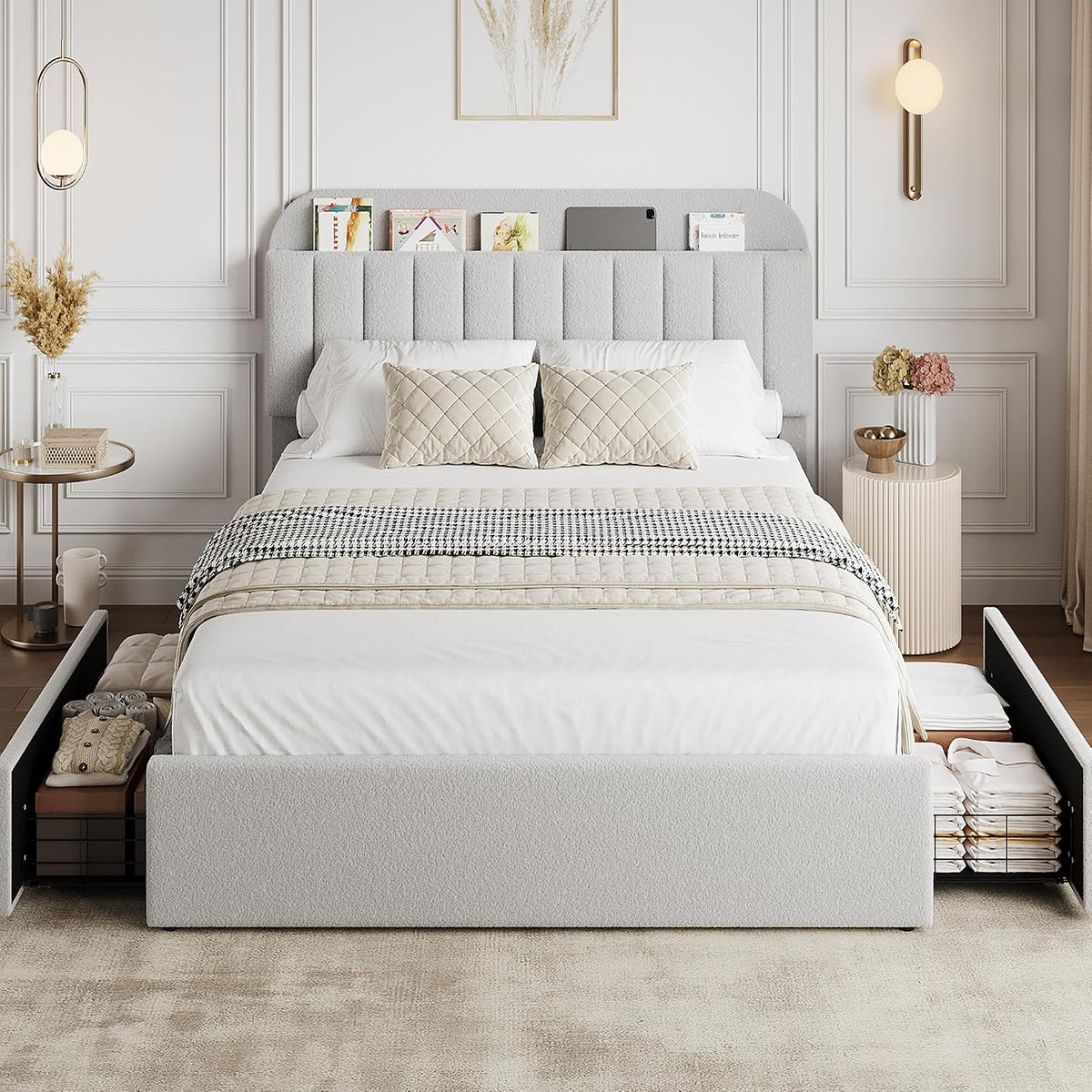 garveehome queen bed frame, platform bed with storage, side view