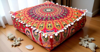CRAFT KALA Red Peacock Large Hippie Mandala Meditation Floor Ottoman Pillow - Image 4