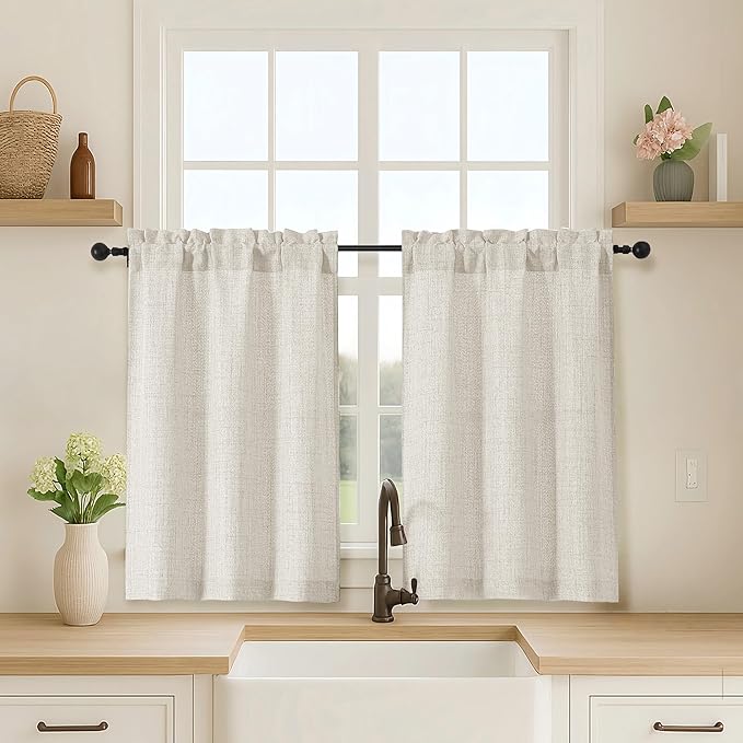 OVZME 2 Panels Natural Cafe Curtains 36 Inch Length, Thick Textured Small by OVZME