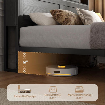 queen bed frame with storage headboard, platform bed, side view