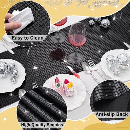 Disco Party Table Runners 6 Packs 12 x 72 Inches - Black Sequin Table Runners for Retro 70s 80s Theme Disco Dance Party Birthday Holiday Wedding Halloween Table Decorations