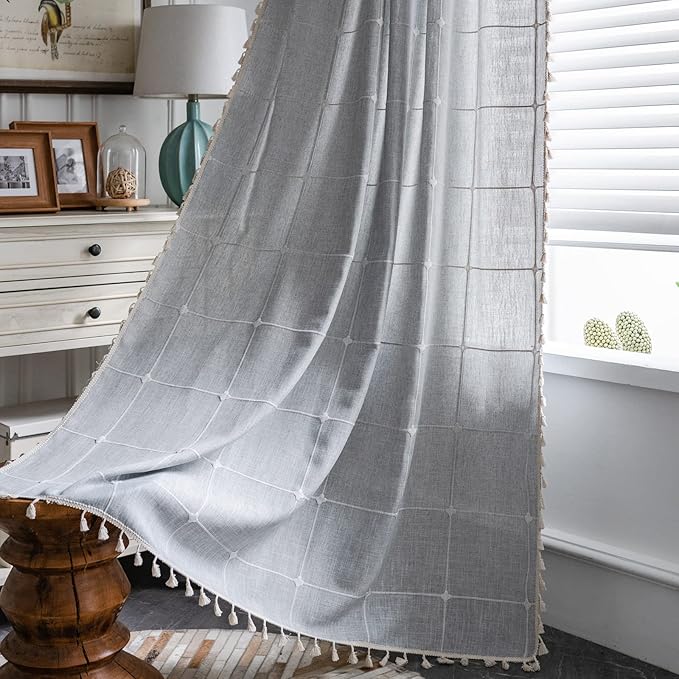 ColorBird Farmhouse Semi-Blackout Window Curtains 2 Panels Embroidery Lattice by ColorBird