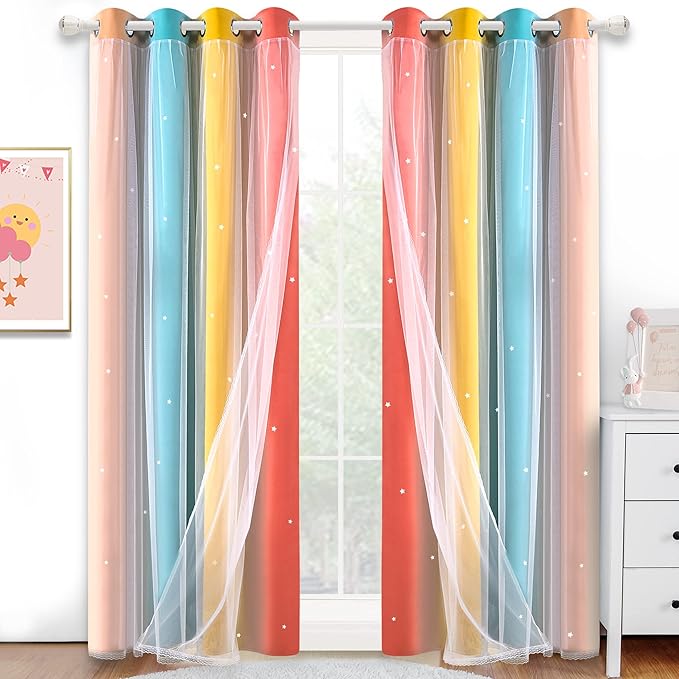Kinryb Nursery/Kids/Girls Room Star Cut Out Blackout Rainbow Curtain by Kinryb