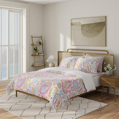 QuickZip Duvet Cover with Zipper Closure – Ultra Soft Long-Staple 100% Cotton, Oeko-Tex Certified, Durable Interior Corner Ties, Corner Clips, Full/Queen, Reversible Paisley/White (Sateen)