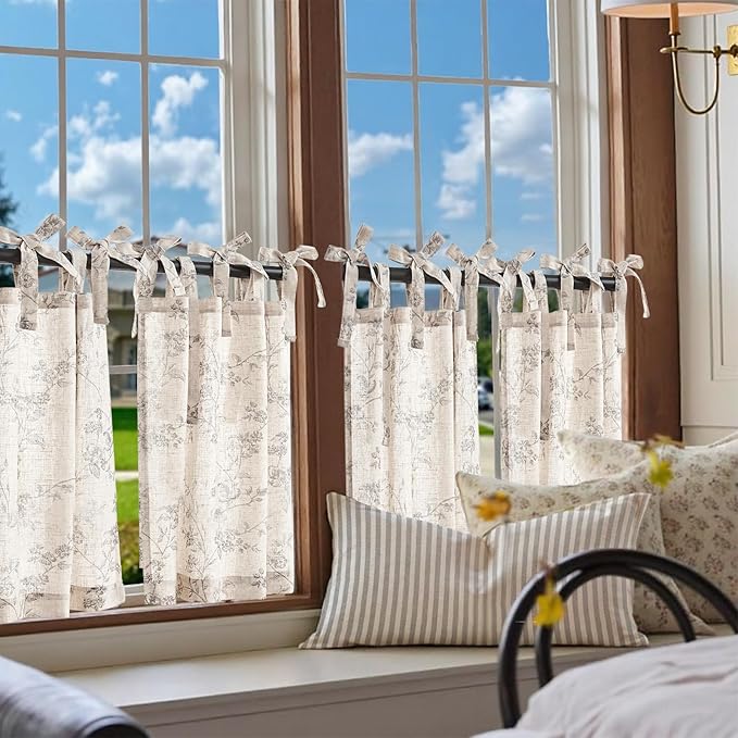 jinchan Gray Floral Kitchen Curtains 24 Inch Linen Tier Curtains Farmhouse Cafe - Image 2