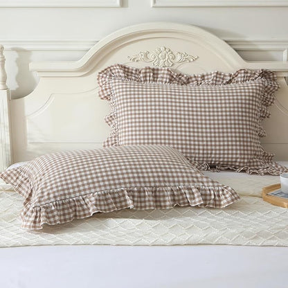 Taupe/White Plaid Ruffle Pillowcases Farmhouse Standard Size Pillow Shams by Mywinlle