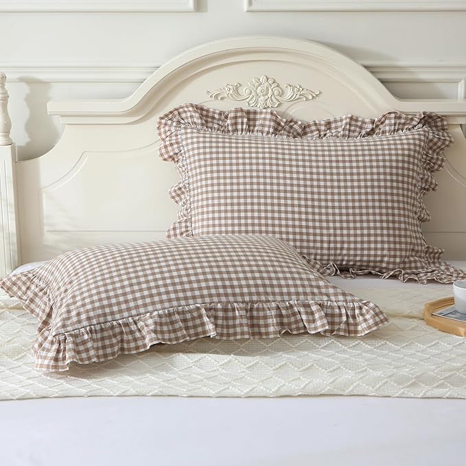 Taupe/White Plaid Ruffle Pillow Shams King Size Set of 2, Shabby Checkered by Mywinlle