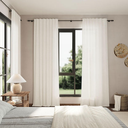 extra long beige white linen curtains 120 inch on a desk or shelf
