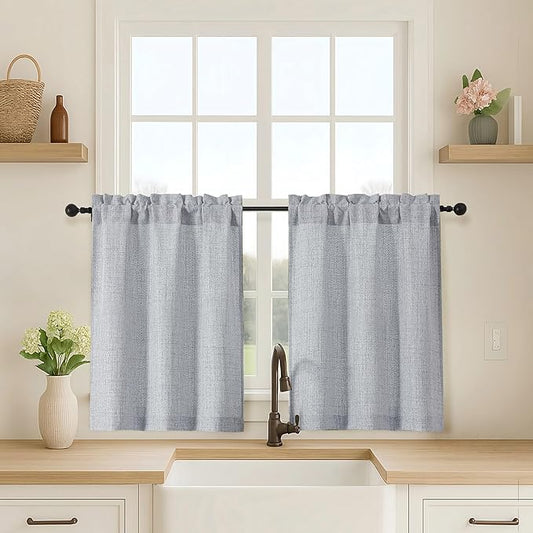 OVZME Grey Cafe Curtains 30 Inch Length, Light Filtering Faux Linen Textured by OVZME