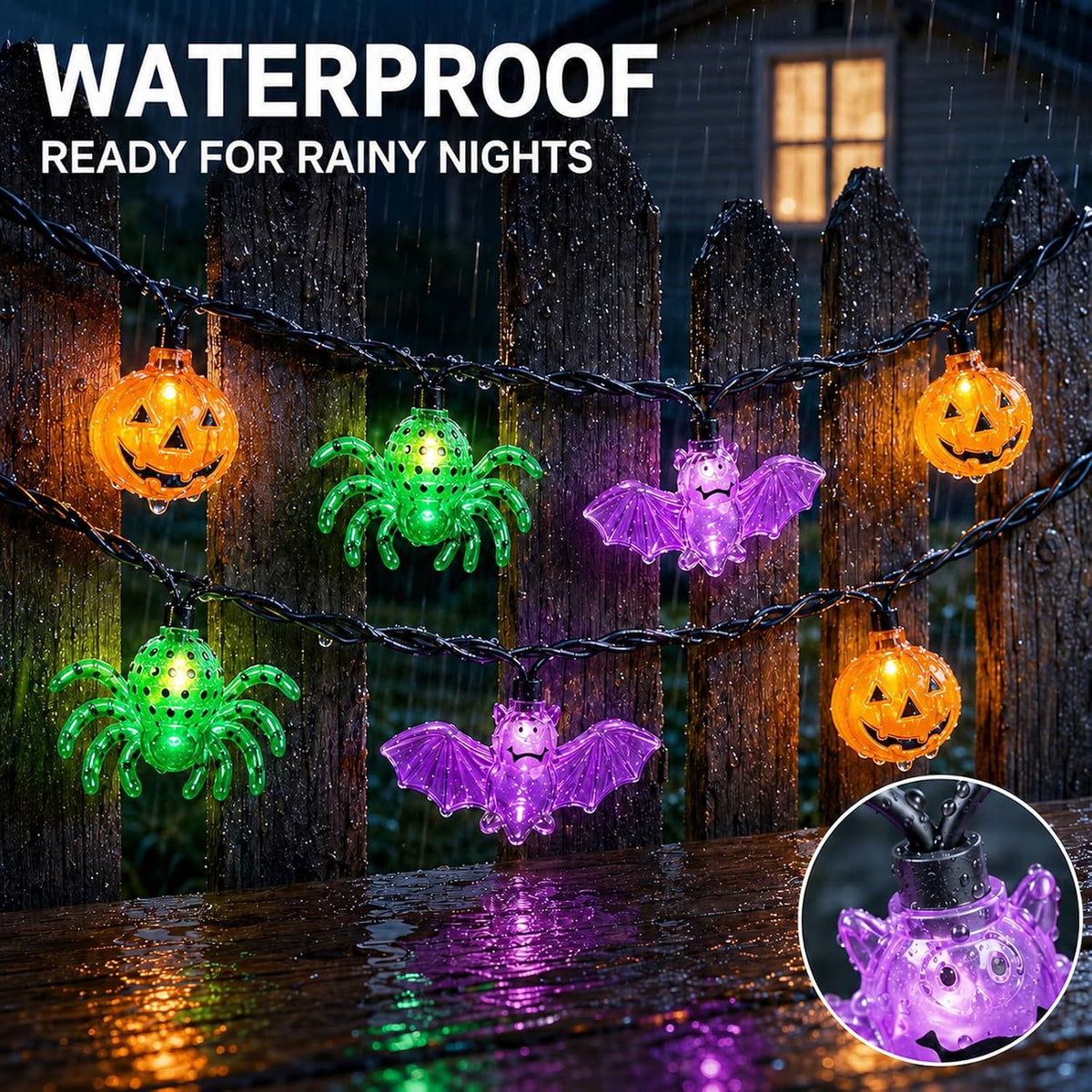 Couah Halloween Pumpkin Bat Spider LED String Lights, 12Ft Jack O Lantern Lights with 20 PCS Pumpkin Bat Spider Plug-in Waterproof for Outdoor Indoor Halloween Decorations