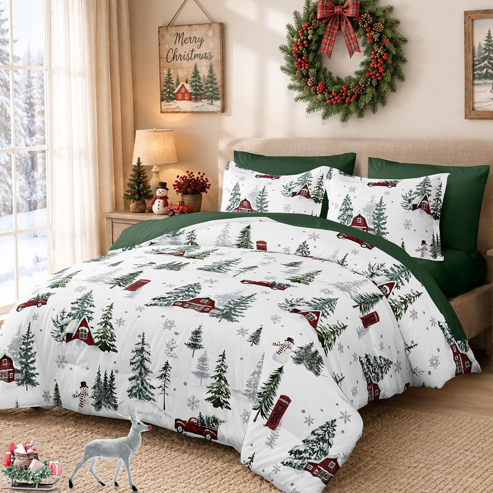 Green Christmas King Size Comforter Set, Christmas Tree Cabin Bedding