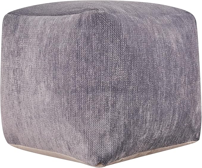LR Home Contemporary Solid Square Indoor Medium Pouf Ottoman, Frost Gray | - Image 2