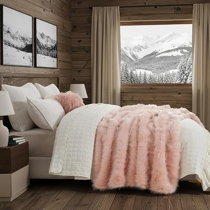 HORIMOTE HOME Pink Faux Fur Throw Blanket, Long Pile Light Pink Fur Blanket - Image 3