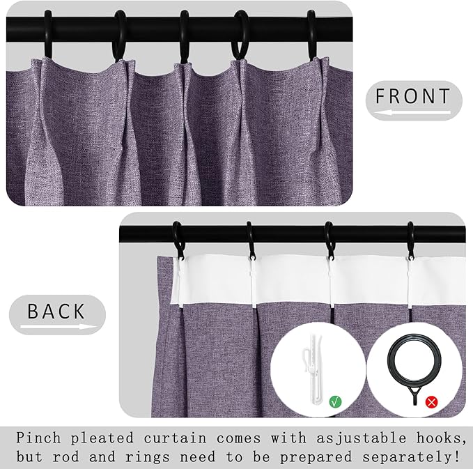 Macochico Pinch Pleated 100% Blackout Curtains Violet Linen Curtains - Image 4