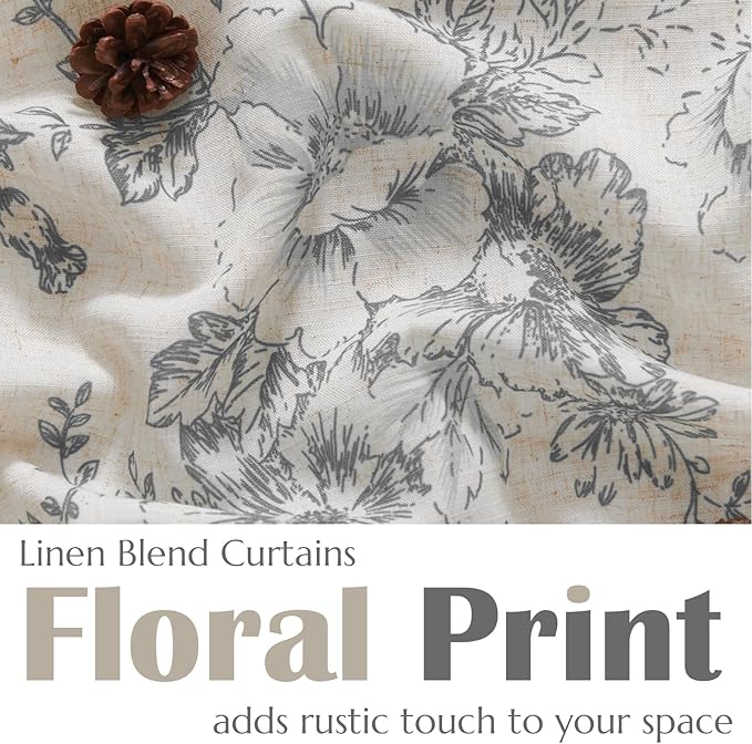 jinchan Linen Floral Tier Curtains 24 Inch Farmhouse Botanic Grey Cafe Curtains - Image 2