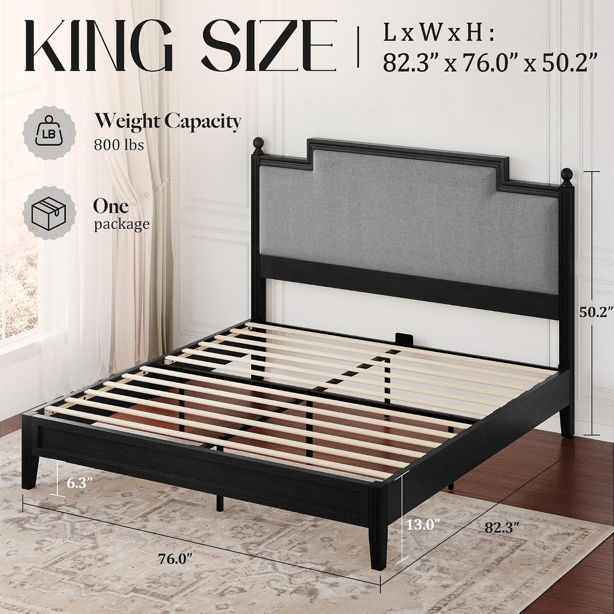 king size bed frame with 50.2" tall upholstered shown in use