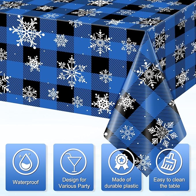 3Pcs Christmas Buffalo Plaid Snowflake Party Tablecloths Decorations, Plastic - Image 3
